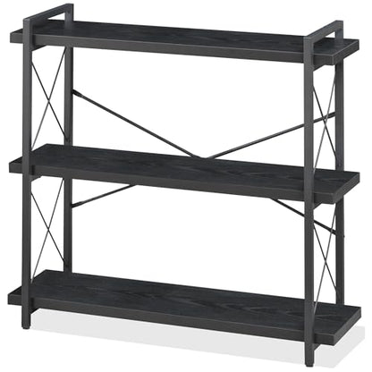 HCHQHS Bookshelf, 3-Tier Industrial Bookcase, Black Open Book Shelf, Freestanding Horizontal Bookshelves with Metal Frame - color: Ebony Black, size: 3-Tier (35.8"W x 35.8"H)
