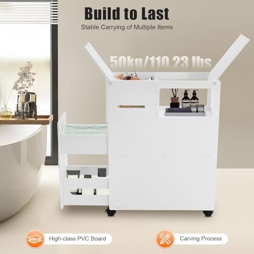 PERFERATE Slim Bathroom Storage Cabinet with Toilet Paper Holder - Narrow Slide Out Drawers Rolling Cart Organizer for Small Space for Bathroom Small Space, Toilet Corner Storage