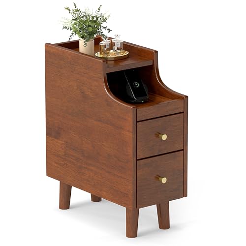 KOMFOTT Narrow Nightstand with Drawers, Solid Wood Bedside Table with Pull-Out Tray & 2 Storage Drawers, Slim Sofa End Table with Cable Management for Small Spaces, Bedroom (Brown) - color: Brown, size: 8" x 16" x 20"