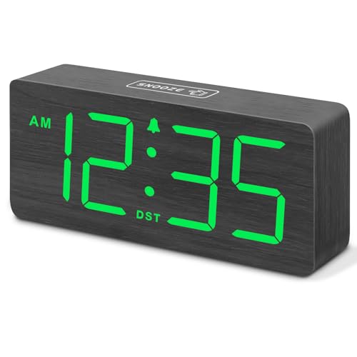 DreamSky Wooden Digital Alarm Clock for Bedroom with Large Numbers | Desk Clocks for Living Room Office, Loud Alarm for Heavy Sleepers Adults, Volume Control, Dimmer, DST, Wood Decor (Plug-in) - color: Black-green (Plug-in)