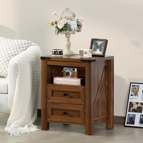 Joaxswe Nightstands Set of 2 with Charging Station, Farmhouse Side End Table with 2 Drawers and Open Shelf, Wood Rustic Sofa Table, Bedside Cabinet for Bedroom, Living Room, Closet, Office(Brown) - color: Brown, size: 2 pack