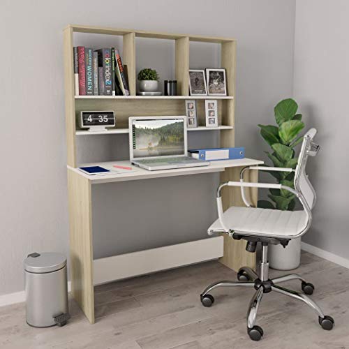 Computer Desk with Shelves, Modern Writing Workstation for Home Office, 43.3 x 17.7 x 61.8 Inches, Engineered Wood, White and Sonoma Oak - color: White and Sonoma Oak