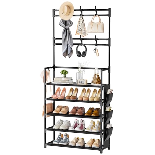 Shoe Rack 5 Tier Shoe Organizer Storage 15-20 Pairs for Closet Entrance | Stackable & Detachable Shelf with Hooks and Side Pocket Entryway Shoe Holder Space Saving Closet Organizers and Storage - color: Black, size: 5 Tier (23.6"Wx 61.4"H)