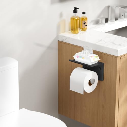 FORIOUS Toilet Paper Holder with Shelf, Adhesive or Screw Wall Mount Toilet Paper Roll Holder for Bathroom, Rustproof 304 Tissue Dispenser with Phone Shelf (1, Matte Black & Brushed Nickel) - color: Matte Black & Brushed Nickel