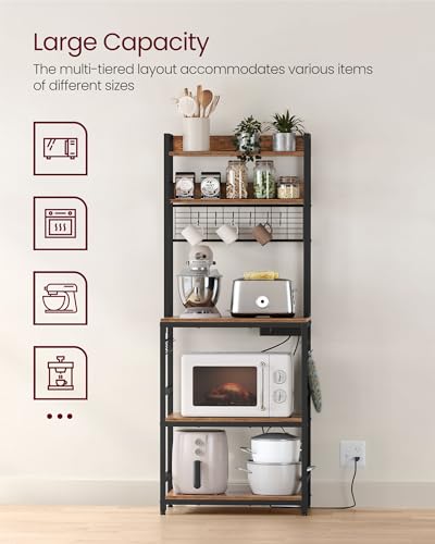 VASAGLE Bakers Rack with Power Outlet, Microwave Stand, Kitchen Tall Utility Storage Shelf, with Metal Wire Panel, 14 Hooks, 15.7 x 23.6 x 66.9 Inches, Rustic Brown and Ink Black UKKS037B01 - color: Rustic Brown + Ink Black, size: 23.6"W