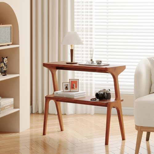 Solid Wood End Table, 2-Tier Side Table with Storage Shelf, Wooden Modern Accent Slim Bedside Table for Sofa, Living Room, Bedroom, Small Space, Easy Assembly, Cherry - color: Cherry