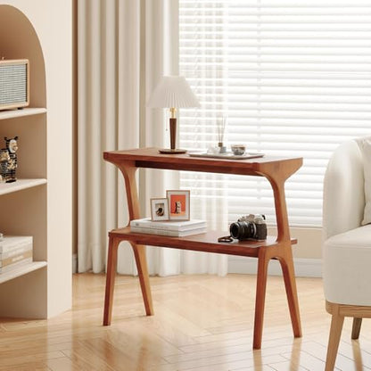Solid Wood End Table, 2-Tier Side Table with Storage Shelf, Wooden Modern Accent Slim Bedside Table for Sofa, Living Room, Bedroom, Small Space, Easy Assembly, Cherry - color: Cherry