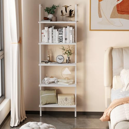 aboxoo Ladder Shelf 2 PCS White Bookshelf 5-Tier Wooden Open Shelf Wall-Mounted Wood Rack Industrial Modern Plant Flower Stand Utility Organizer Bookcase Metal Frame Furniture Office Kitchen Bedroom - color: White Wood 5-tier, size: 2PCS
