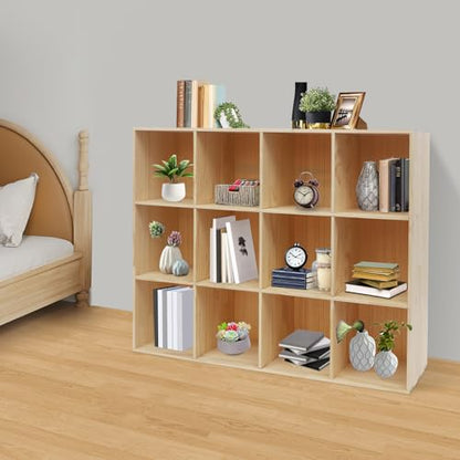 12-Cube Solid Wood Bookcase - Vertical/Horizontal Storage Organizer - 3-Tier 12-Compartment Display Cabinet & TV Stand for Living Room, Office - Easy Assembly Modern Farmhouse Style