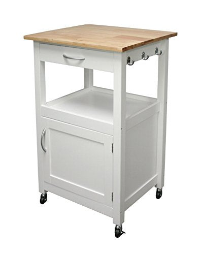eHemco Kitchen Island Cart on Wheels, White Base | Drawer, Storage Cabinet, Shelf, Natural Solid Hardwood Top - color: White