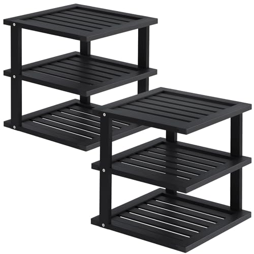 2 Pack Bamboo Corner Shelf,3 Tier Kitchen Cabinet Organizer for Plates and Dishes,Pantry Storage and Spice Rack（Black） - color: Black, size: 2 PC