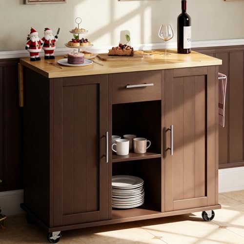 SUNLEI Rolling Kitchen Island Cart with Wheels, Island Table for Kitchen, Farmhouse Kitchen Cart with Drop Leaf & Towel Rack & Drawer, Kitchen Islands Table with Storage Cabinet, Brown - style: Brown