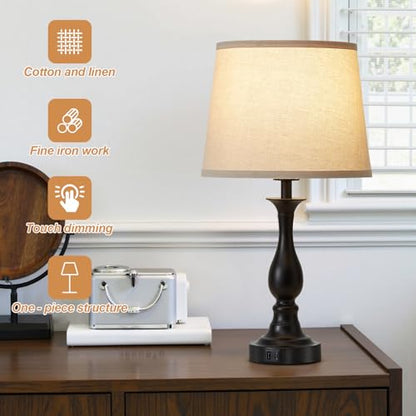 Bedside Table Lamp Touch Control Bedroom Lamps with USB A and C Charging Port 3 Way Dimmable Touch Lamps for Nightstand Living Room Bedroom Dorm Home Office Reading, Set of 2 - color: Black