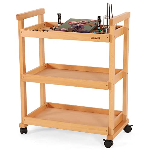 VISWIN Art Cart Organizer, Solid Beechwood Art Supply Storage Organizer with Caster Wheels, 3-Tier Multifunctional Rolling Utility Storage Cart for Studio, Classroom, Artists - Natural - color: Natural