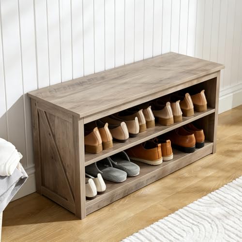 Farmhouse Storage Bench with 2-Tier Open Shelf Storage, Wooden Shoe Bench for Entryway, Entryway Shoe Storages for Living Room, Bedroom, Hallyway, Grey - color: Grey