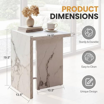Hyfirm Modern Faux Marble Side Table Small T-Shaped End Table White | Space-Saving Accent Table with Marble Finish Nightstand for Use Beside Sofas in Living Rooms Bedrooms Apartments and Offices - color: White Marble