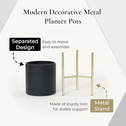 LuxenHome 2-Piece Diamond Pattern Round Metal Cachepot Planter Set, Black Planter with Gold Stands Set of 2 Indoor Plant Pots Large Floor Plant Pot for Plants, NOT Waterproof - color: Black