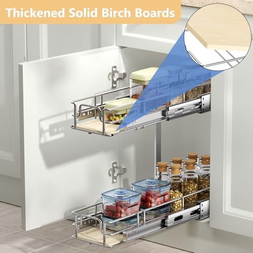 ROOMTEC 2 Tier Individual Pull Out Cabinet Organizer 7½"W x 21½"D, Slide Out Wood Shelves Organizers, Pull Out Drawers Organization and Storage for Kitchen Cabinet - size: 7½" W x 21½" D