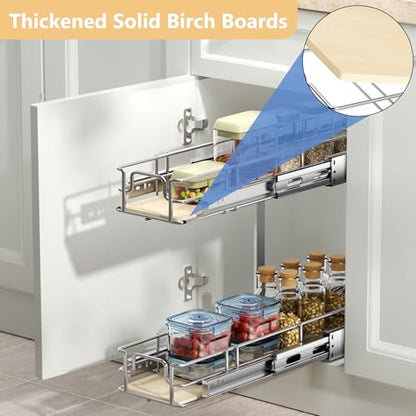 ROOMTEC 2 Tier Individual Pull Out Cabinet Organizer 7½"W x 21½"D, Slide Out Wood Shelves Organizers, Pull Out Drawers Organization and Storage for Kitchen Cabinet - size: 7½" W x 21½" D