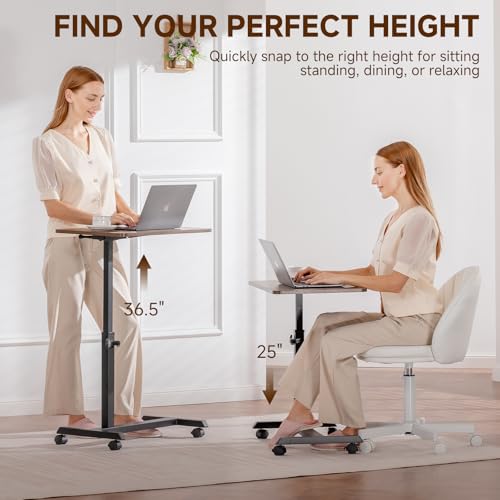 GTPLAYER Small Standing Desk, 24 Inches Foldable Mobile Rolling Laptop PC Table with Lockable Casters, Adjustable Height Overbed Bedside Table Computer Workstation for Home Office, Dark Brown-Foldable - color: Dark Brown-foldable