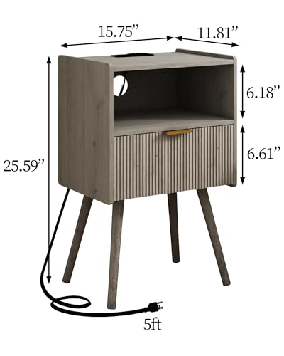 JOONEE Nightstand with Outlet,Modern Bedside Table with Storage Drawer and Open Wood Shelf, for Living Room, Bedroom and Small Spaces, Accent Night Stand with Solid Wood Legs, Easy Assembly,Grey Oak - color: Grey Oak-outlet