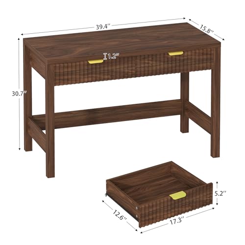 YOMILUVE Fluted Computer Desk with 2 Drawers, 39 Inch Small Computer Desk with Storage, Compact Writing Study Desk for Small Spaces, Walnut - color: Walnut