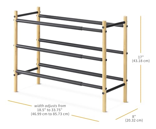 Whitmor 3-Tier Expandable Shoe Rack - Store up to 12 pairs of shoes - Bamboo & Matte Black - color: 3-tier,bamboo & Matte Black