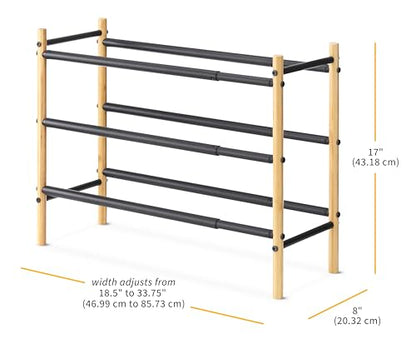 Whitmor 3-Tier Expandable Shoe Rack - Store up to 12 pairs of shoes - Bamboo & Matte Black - color: 3-tier,bamboo & Matte Black