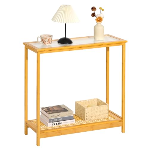 Bamboo Narrow Console Table, 31.5"(L) Wood Small Entryway Table with Rattan and Glass, Accent Slim Hallway Tables, Thin Sofa Side Tables for Hallway, Living Room, Foyer, Burlywood - color: Burlywood 31.5"(l)