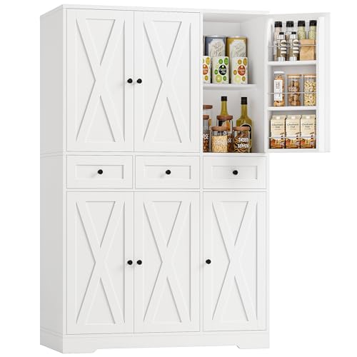 HOSTACK 67"H Farmhouse Kitchen Pantry Storage Cabinet with 3 Drawers, White | Large Food Pantry Cabinet with Swing-Out Door Rack & Adjustable Shelf for Kitchen, Dining room, Living room - color: White