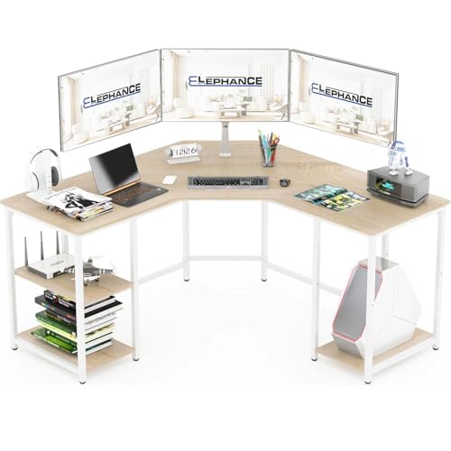 Elephance Large L-Shaped Computer Desk with Shelves, Corner Desk, Home Office Writing Workstation, Gaming Desk PC Latop Table with Storage - color: Beech