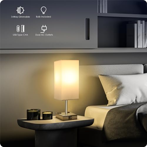 Set of 2 Bedside Table Lamp 3 Way Dimmable Nightstand Lamp with USB C & USB A Charging Port, 2 AC Outlets, 3000K LED Bulbs (White) - color: White