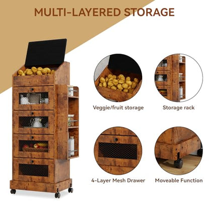 ARTETHYS Potato Storage Bin 5-Tier Rolling Bread Box Cabinet with Side Rack | Onion Keeper with Spice Rack on Wheels, Movable Fruit & Vegetable Container with 4 Ventilated Drawers for Kitchen, Rustic - color: Rustic