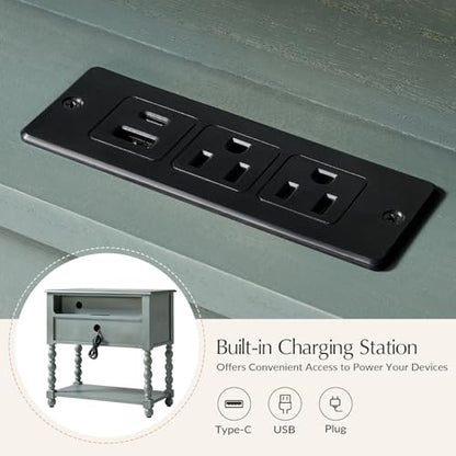 HULALA HOME Farmhouse End Table with Charging Station, 2PK Blue | Open Shelf Storage, Drawer Organization, Spindle Legs, Solid Wood Details - color: Blue