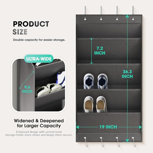 WVM Over The Door Shoe Organizer with Large Deep Pockets, Hanging Closet Shoe Rack for Large Shoes, Boots, Multifunctional Entryway Door Hanger with Hooks - style: New Grey