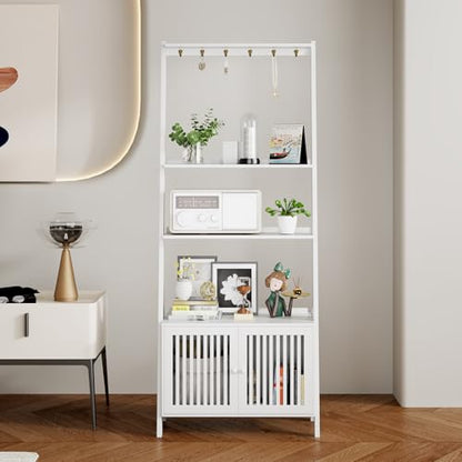 Bookcase with Drawers, 4-Tier Bamboo Bookshelf Ladder Shelf with 6 Hooks, 59.5"H x 24.8"L x 10.6"W, Tall Narrow Freestanding Standing Storage Organizer for Living Room, Office, Bedroom, White - color: 4-tier White