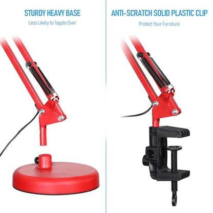 TORCHSTAR Metal Desk Lamp, Adjustable Swing Arm, E26, Red | Architect Gooseneck Multi-Joint Clip Table Lamp with Plastic Clamp, for Home Office, Work, Study, Reading, Bulbs not Included - color: Red