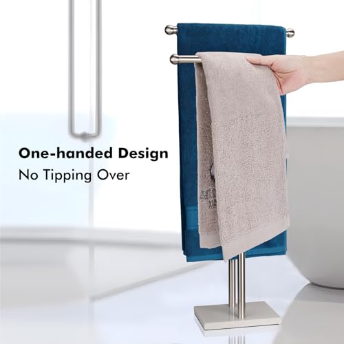 WAYDELI Standing Towel Rack Double-T Shape Tall Bath Towel Sheet Holder with Marble Design Base for Bathroom 2 Tier Towel Holder Stand Stainless Steel (Brushed Nickel) - color: Brushed Nickel