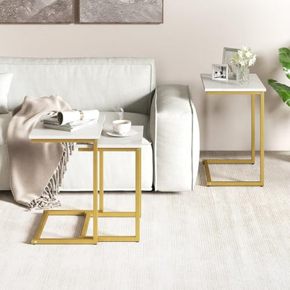 GOFLAME Nesting Coffee Tables Set of 3, Rectangular Nesting Center Table with Faux Marble Top & Metal Frame, Modern C-Shaped Nested Side Table Set for Living Room, Bedroom, Gold & White - color: Gold & White