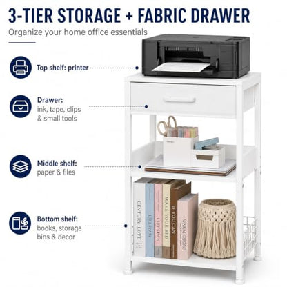 Lerliuo 3-Tier Printer Stand with Fabric Drawer and Shelves, White | Three-tier printer stand with fabric drawer and two shelves for paper, office supplies, scanners and fax machines - color: White