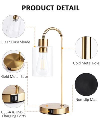 Bedside Lamps Set of 2, Gold Touch Table Lamp with USB C+A Ports, 3 Way Dimmable Bedroom Lamps with Glass Shade, Brass Nightstand Lamp for Bedroom Living Room, 2 LED Bulbs Included - size: 2 Pack