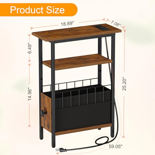 Snughome Narrow Side Table with Charging Station, Slim End Table for Small Spaces, 3 Tier Skinny Nightstand with Drawer, Sofa Beside Table with Storage Shelf for Living Room Bedroom - color: Rustic Brown