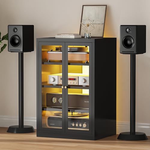 Metal Media Cabinet with 13-Color LED Lights, Stereo Cabinet with Glass Doors & Adjustable Shelves Audio AV Rack with Cable Management, Black - color: Black, style: FloorSeal + RGB Lights