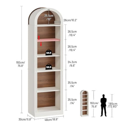 RALGEND Arched Bookshelf, 75.8" Tall Narrow Bookshelf, Arch Bookcase with Storage, 6-Tier Farmhouse Book Shelf, Wooden Arched Cabinet with Open Display Shelves, Adjustable Shelf, Walnut and White - color: White + Walnut, size: 18.9"L x 11.8"W x 75.8"H