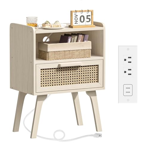Lerliuo Rattan Nightstand with Charging Station, Side Table with Drawer Open Shelf, Cane Accent Bedside End Table with Solid Wood Legs, Night Stand for Bedroom, Dorm and Small Spaces (Grey White) - color: White Oak, size: 1 pack