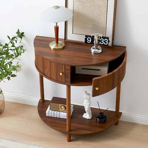 XUZENEST Fluted Half Moon Console Table, Modern Small Entry Sofa Table with Storage, Solid Wood Legs Narrow Entryway Table for Living Room, Hallway, Foyer(Walnut) - color: 31.5 Walnut