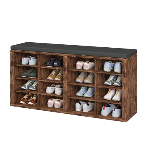 ITEFDTUTNE Shoe Rack Bench 40.94" Entryway Bench with Shoe Storage 16 Cubby Wood Shoe Organizer Bench with Removable Cushion for Hallway, Living Room, Bedroom and Garage - color: Retro Color + Dark Gray