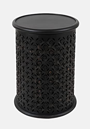 Jofran Mango Wood Drum End Table with Distressed Finish, Rustic Global Style Side Table for Living Room Bedroom, Accent Table, Antique Black - color: Antique Black