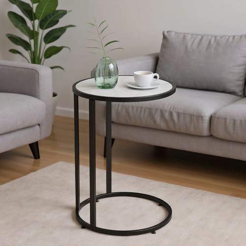 Round C Shaped Side Table, Slide Under Couch End Table with Wood Top, Snack Coffee Laptop Side Table for Living Room Bedroom Small Space - color: Black