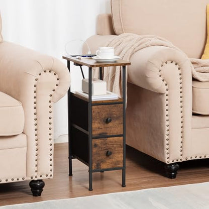 LOAKEKEL Narrow Nightstand with Charging Station, End Tables Living Room Set of 2, Skinny Side Table with Fabric Drawers, Slim Sofa Table for Bedroom, Small Spaces, Couch, Brown, HETNDP02BR - color: Rustic Brown + Black, style: Power